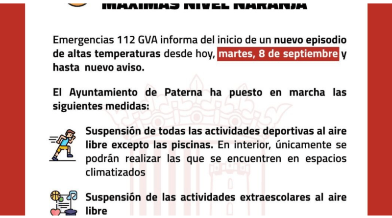 Paterna activa la alerta naranja por altas temperaturas y suspende la actividad al aire libre
